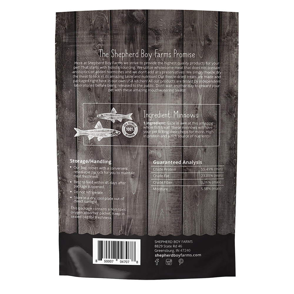 Shepherd Boy Farms minnow treats are suitable for dogs and cats.