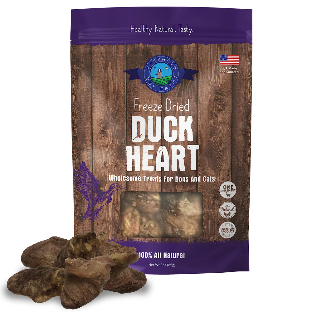 Shepherd Boy Farms duck heart treats pack highlights single-ingredient protein for training.