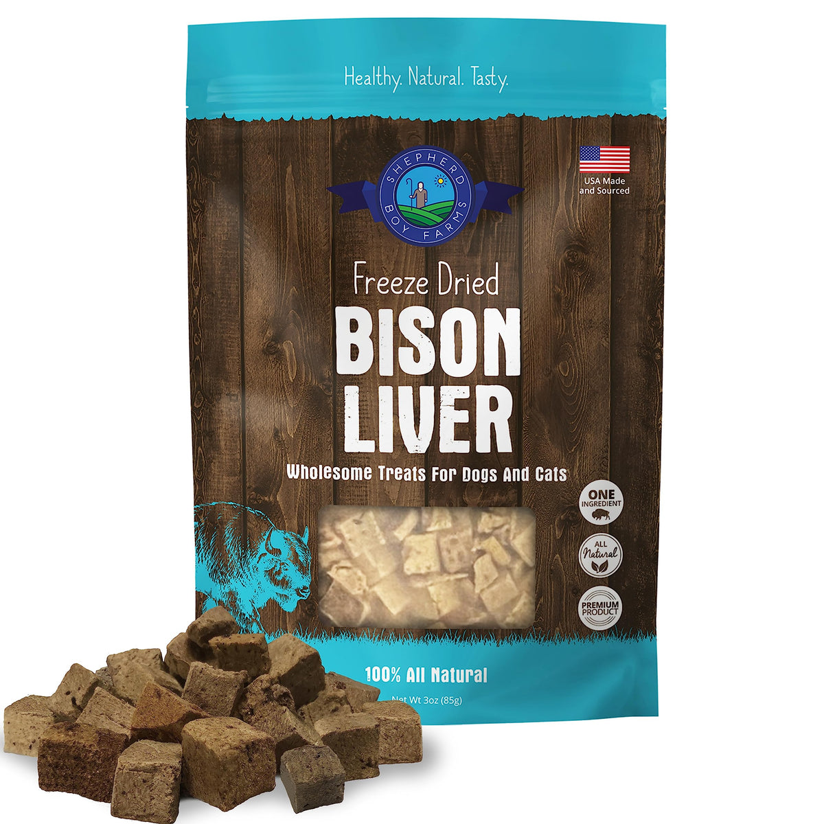 Shepherd Boy Farms Higado de bisonte deshidratado en empaque 3 onzas, snack natural para perros y gatos.