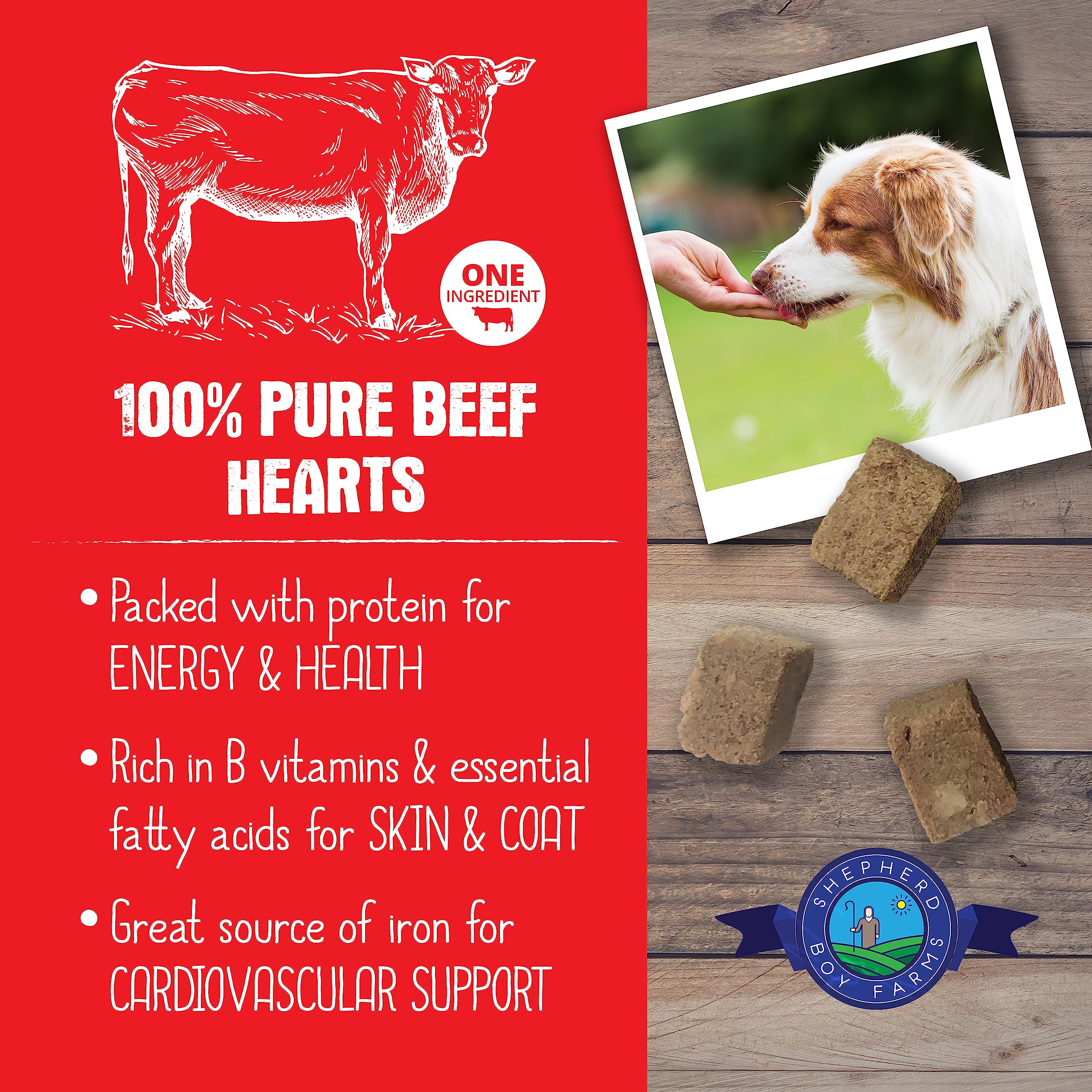 Shepherd Boy Farms freeze-dried-beef-heart-snack offers a nutrient-dense training option.
