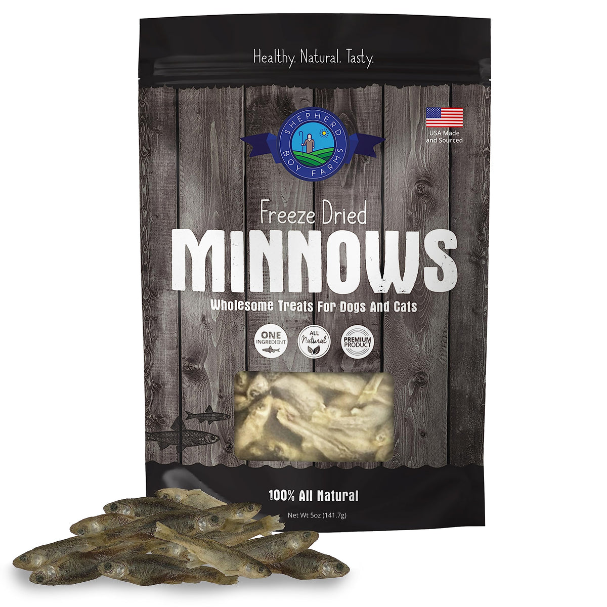 Shepherd Boy Farms freeze-dried minnow treat pouch offers a protein-rich snack for dogs and cats.
