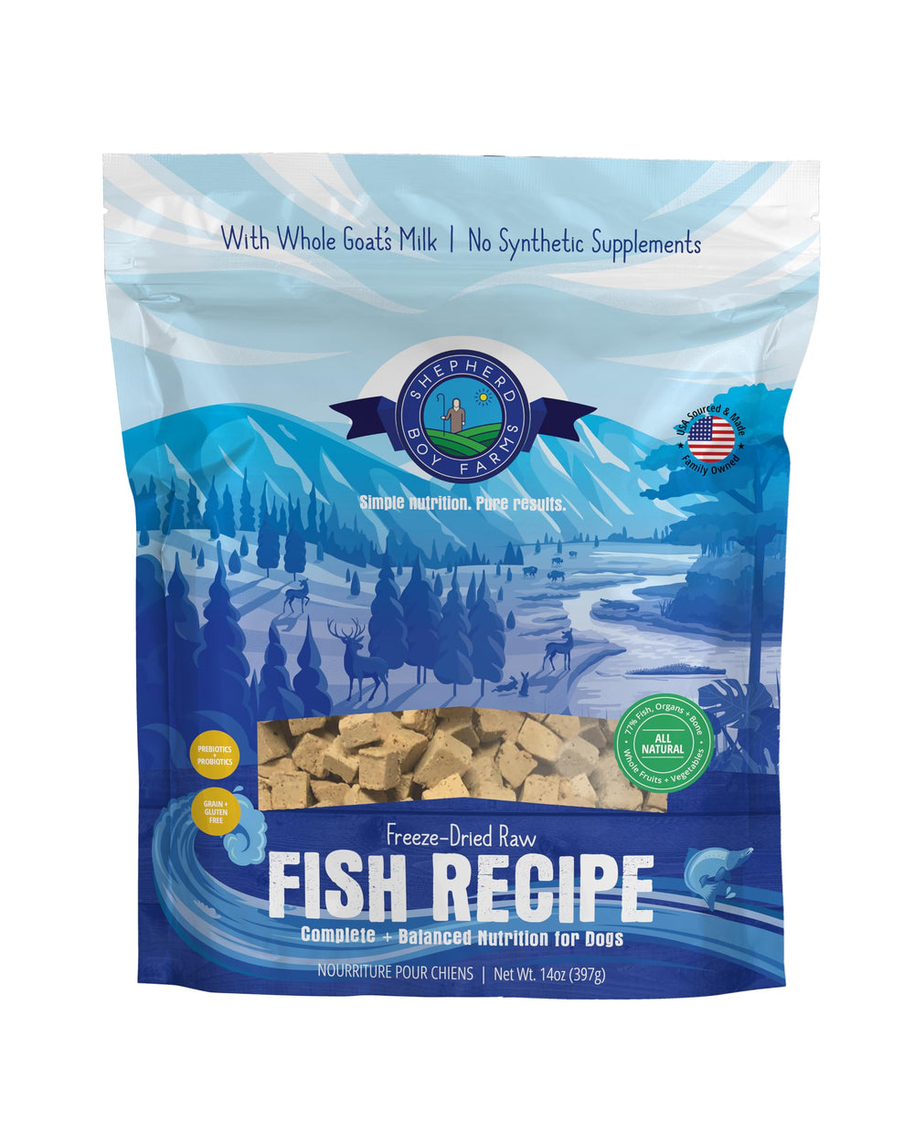Shepherd Boy Farms packaging shows Fish Medley for complete daily nutrition