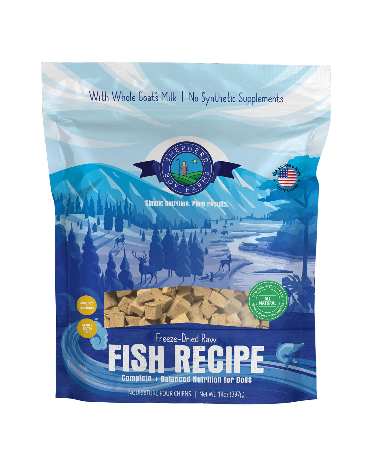Shepherd Boy Farms packaging shows Fish Medley for complete daily nutrition