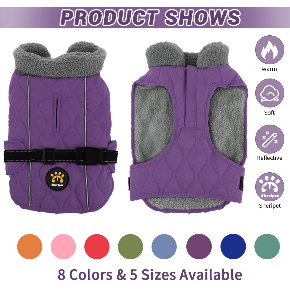 Sheripet dog coat winter purple XXL back view highlighting secure fit and coverage
