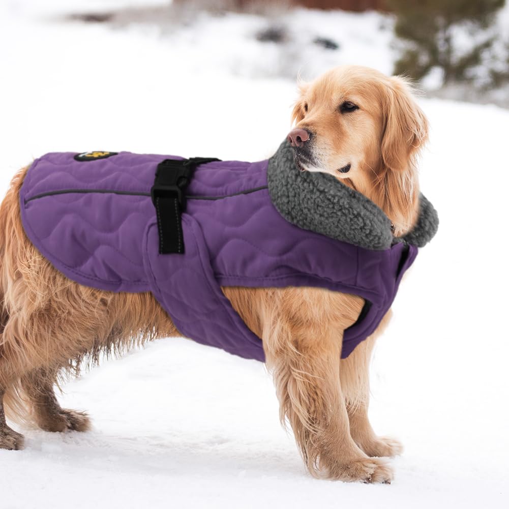 Sheripet dog coat winter purple XXL side profile showing warm fleece lining