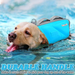 Sheripet dog life jacket shows sturdy handle and D-ring for easy rescues