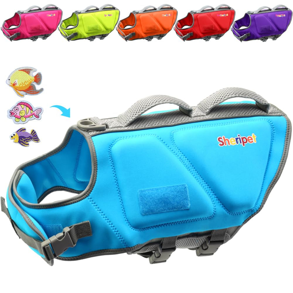 Sheripet dog life jacket on large dog gliding through water for buoyant safety