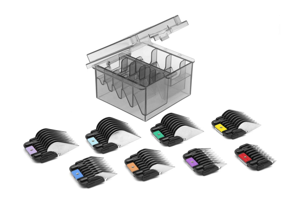 Shernbao eight-piece stainless steel guide combs for precise trimming.