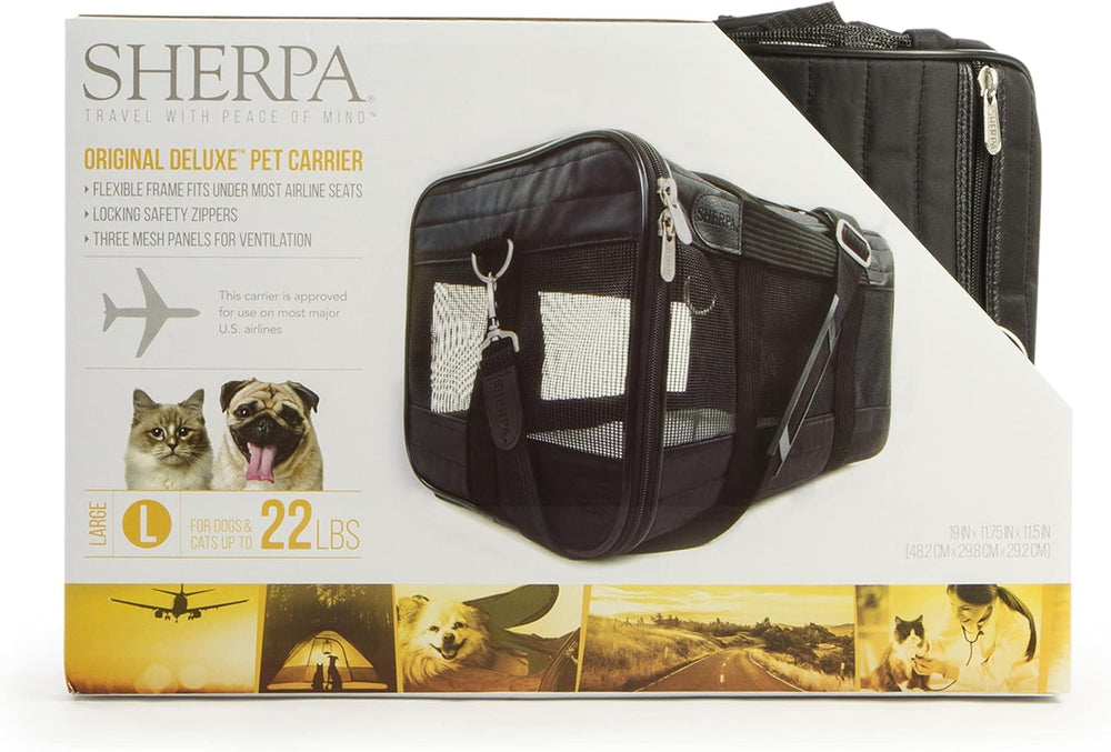 Sherpa Original Deluxe Carrier large pocket stores essentials for trips.