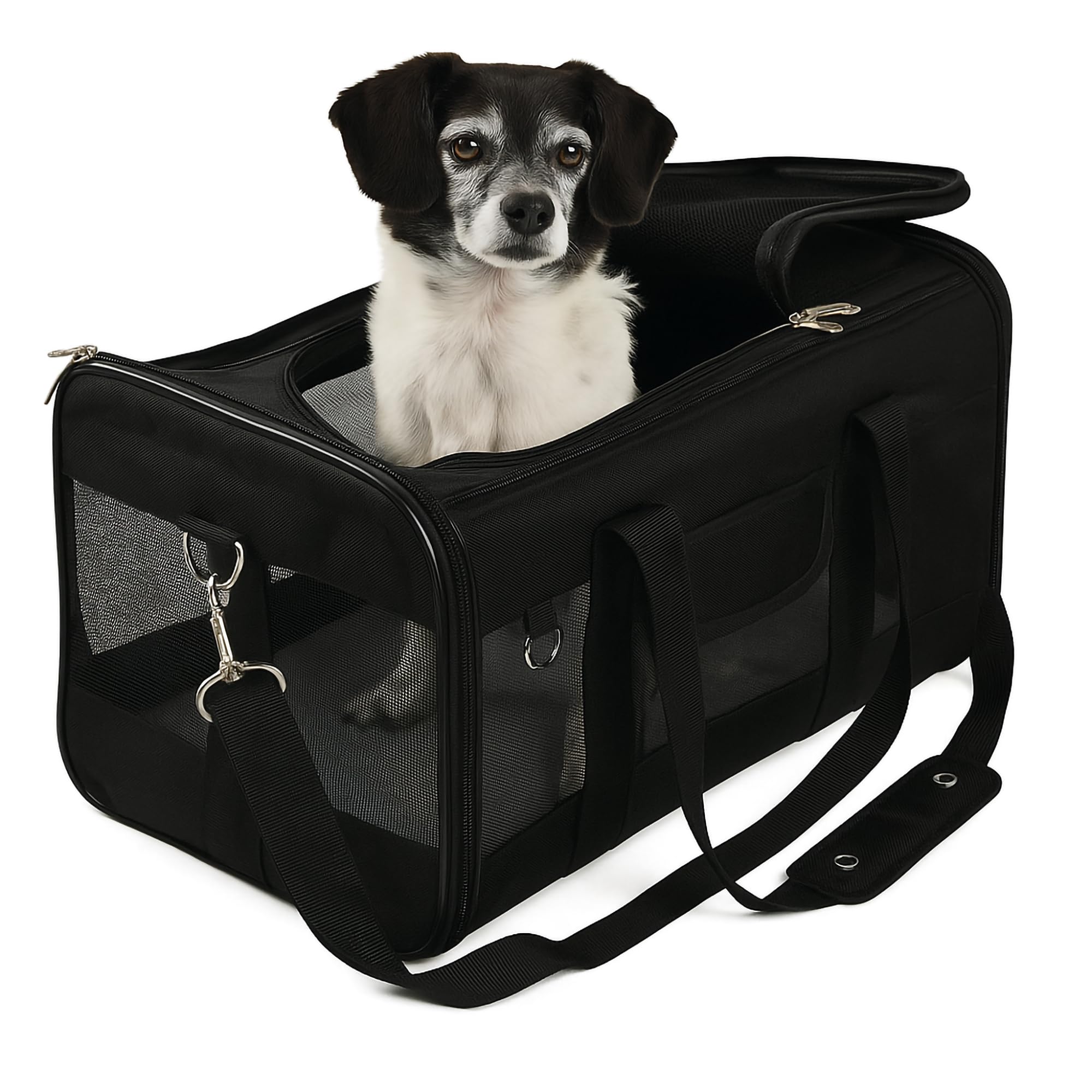 Sherpa Original Deluxe Carrier large front view, showing durable build for pet travel.