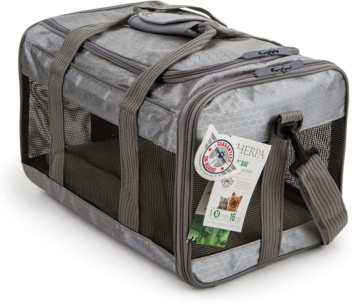 Sherpa To Go Travel Pet Carrier gray front view ideal for in-cabin travel.