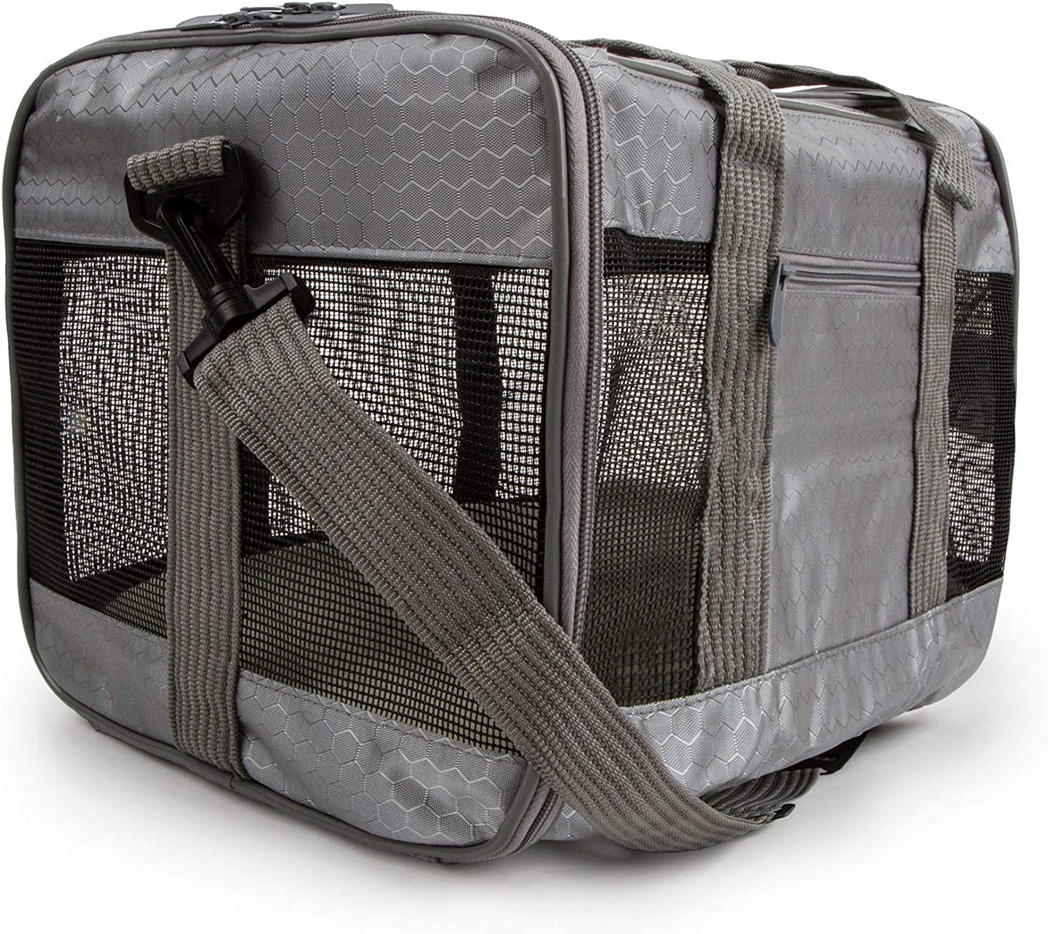 Sherpa To Go Travel Pet Carrier gray large side pocket storage.
