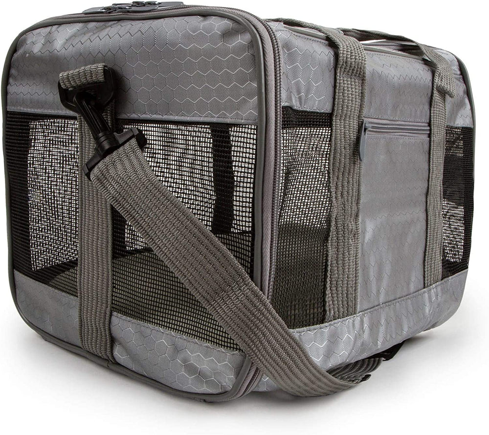 Sherpa To Go Travel Pet Carrier gray large side pocket storage.