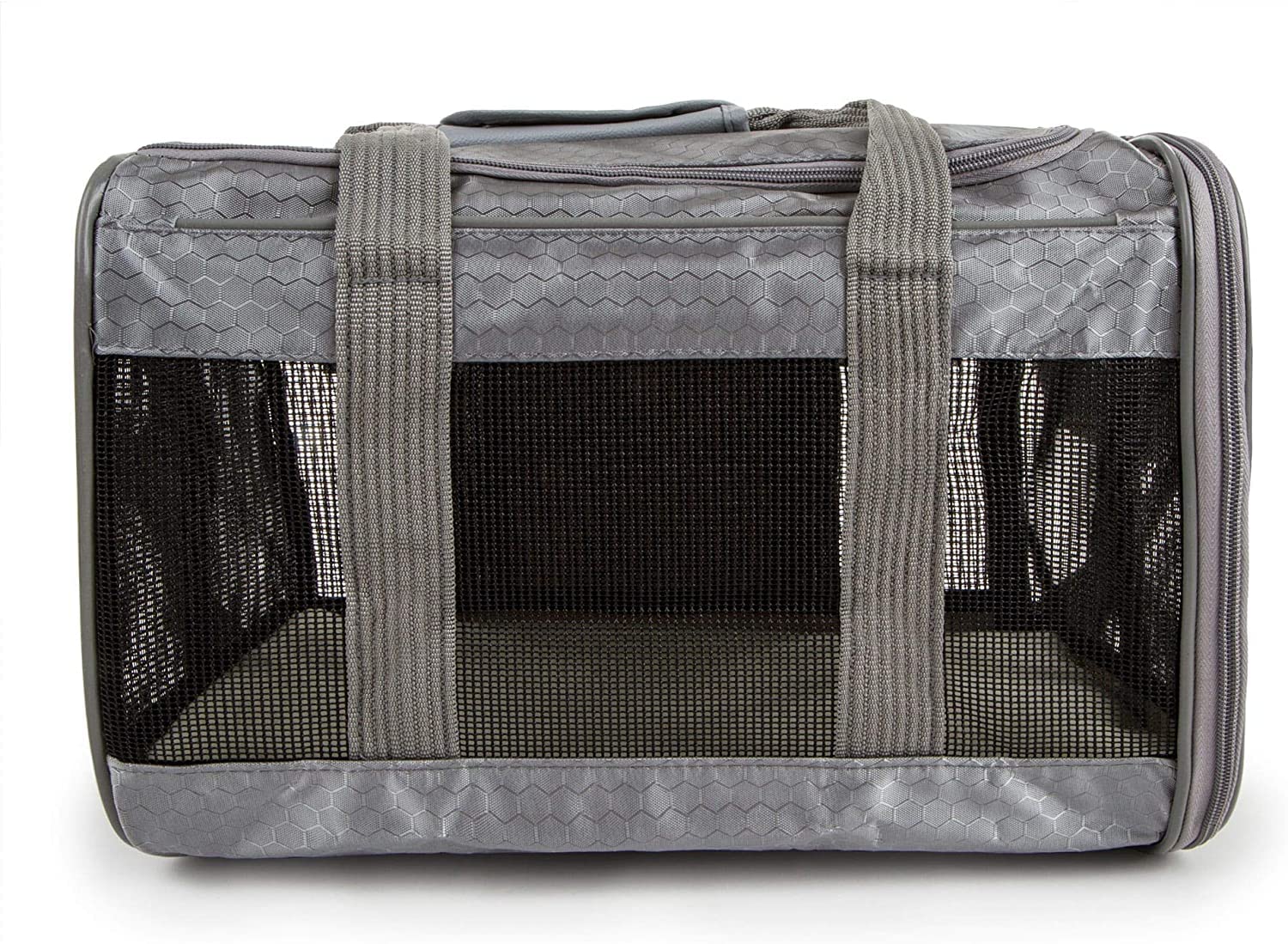 Sherpa To Go Travel Pet Carrier gray locking zippers for security.