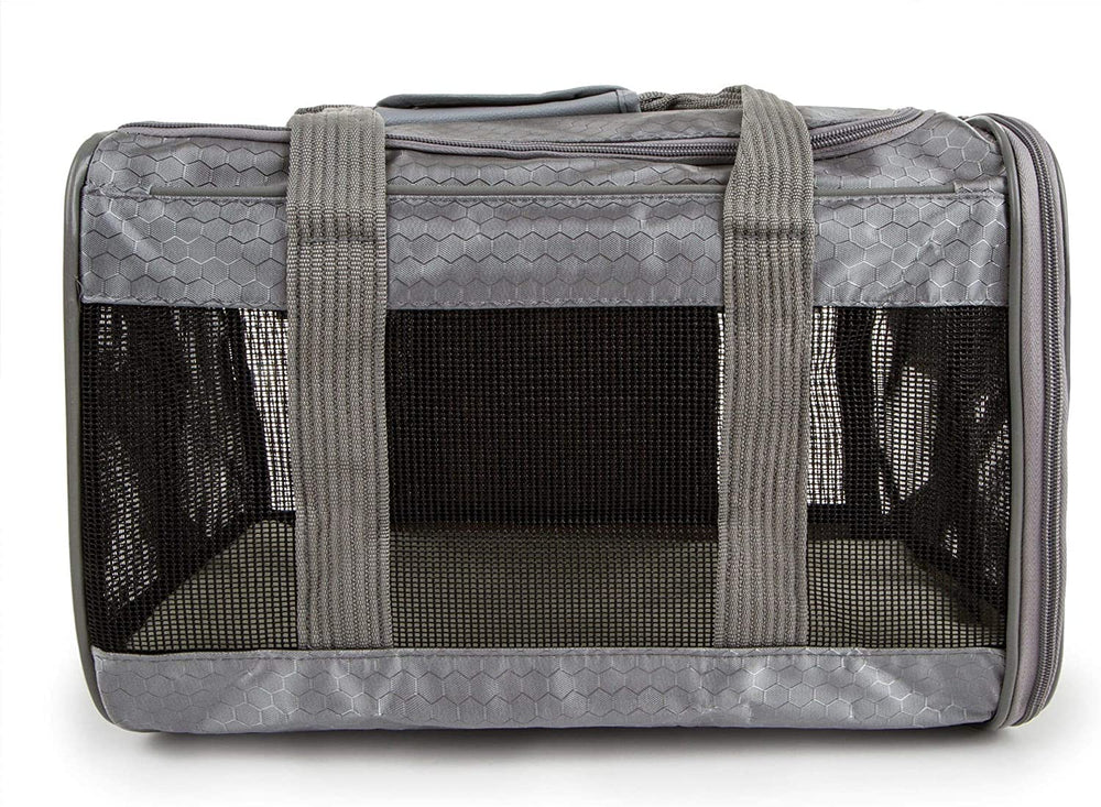 Sherpa To Go Travel Pet Carrier gray locking zippers for security.