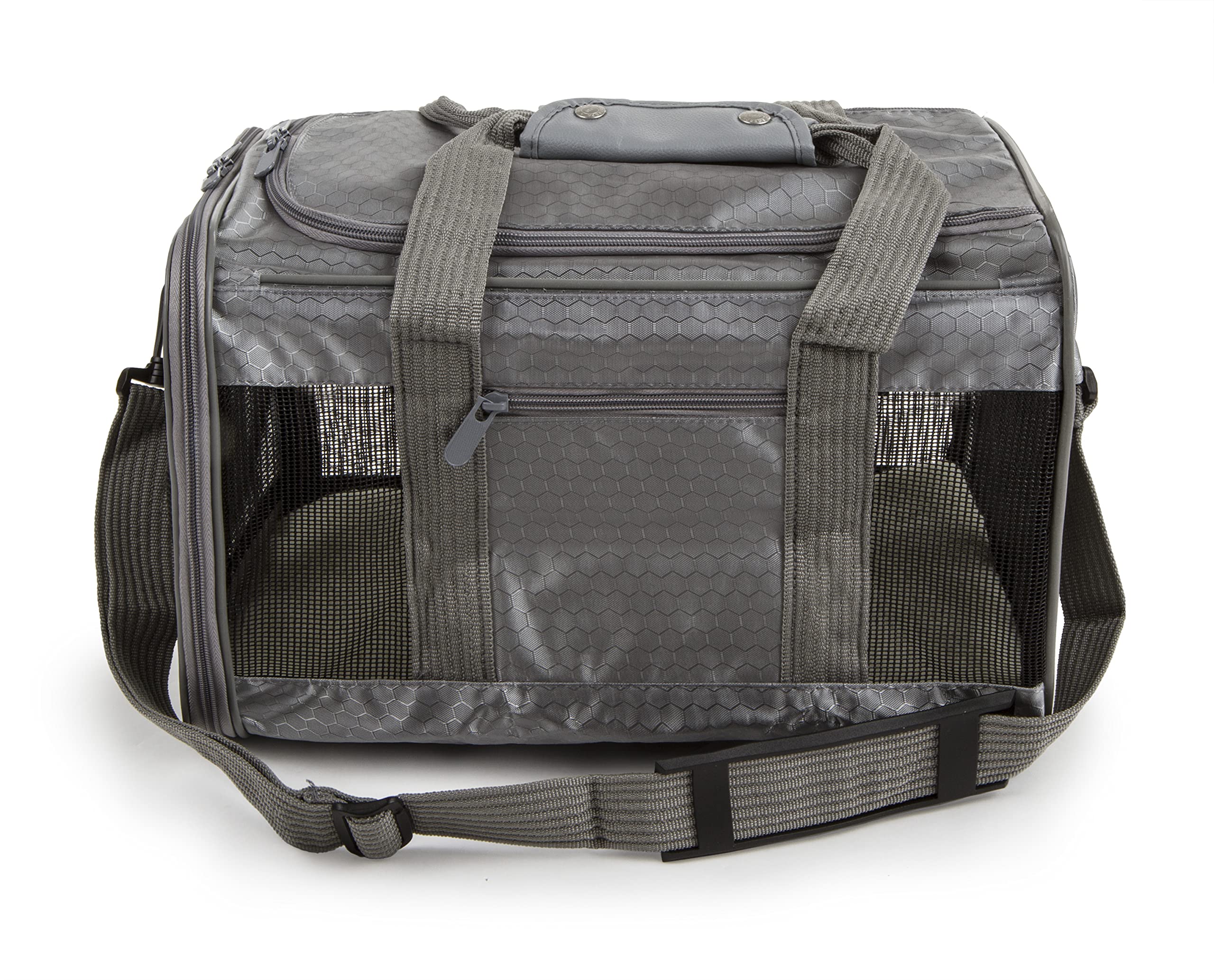 Sherpa To Go Travel Pet Carrier gray under-seat fit demonstrates airline compatibility.
