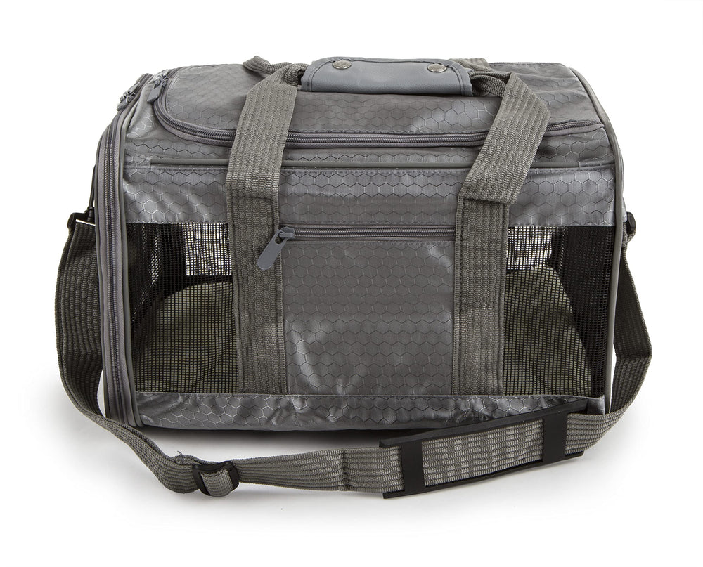 Sherpa To Go Travel Pet Carrier gray under-seat fit demonstrates airline compatibility.