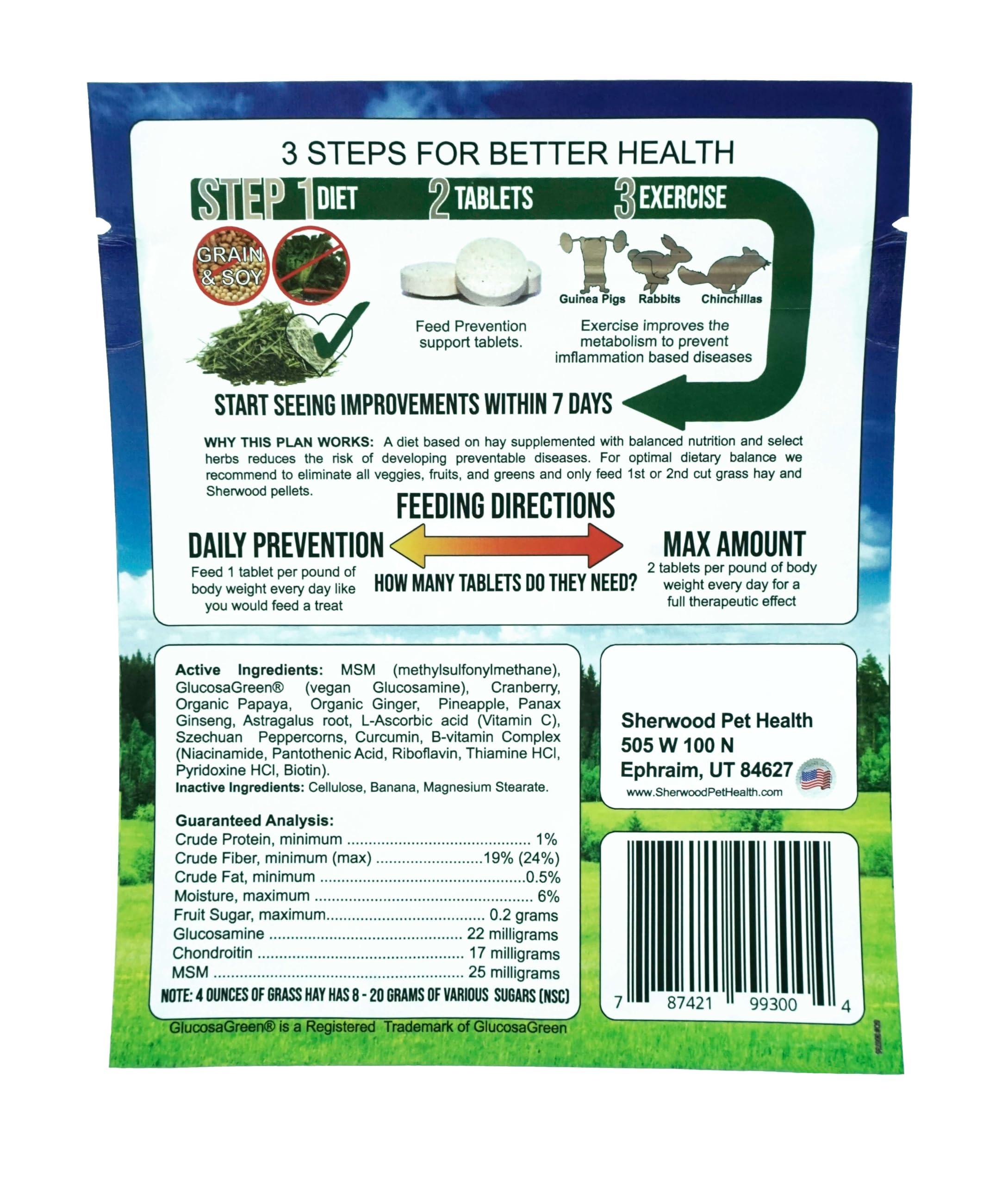 Sherwood Pet Health Prevention Natural Motility tablets highlight chew-friendly texture for rabbits and other small pets.