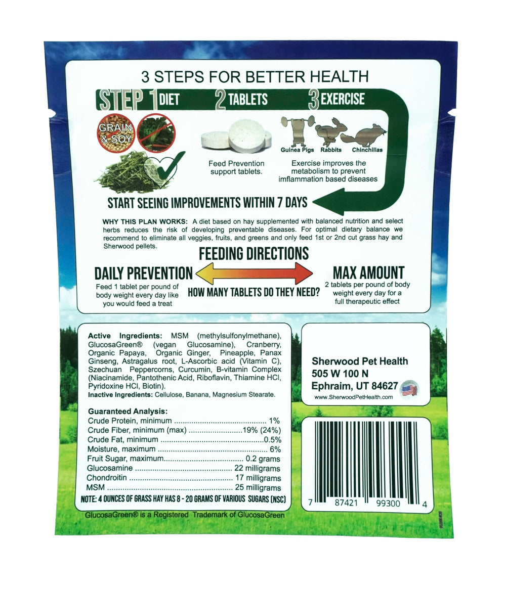 Sherwood Pet Health Prevention Natural Motility tablets highlight chew-friendly texture for rabbits and other small pets.