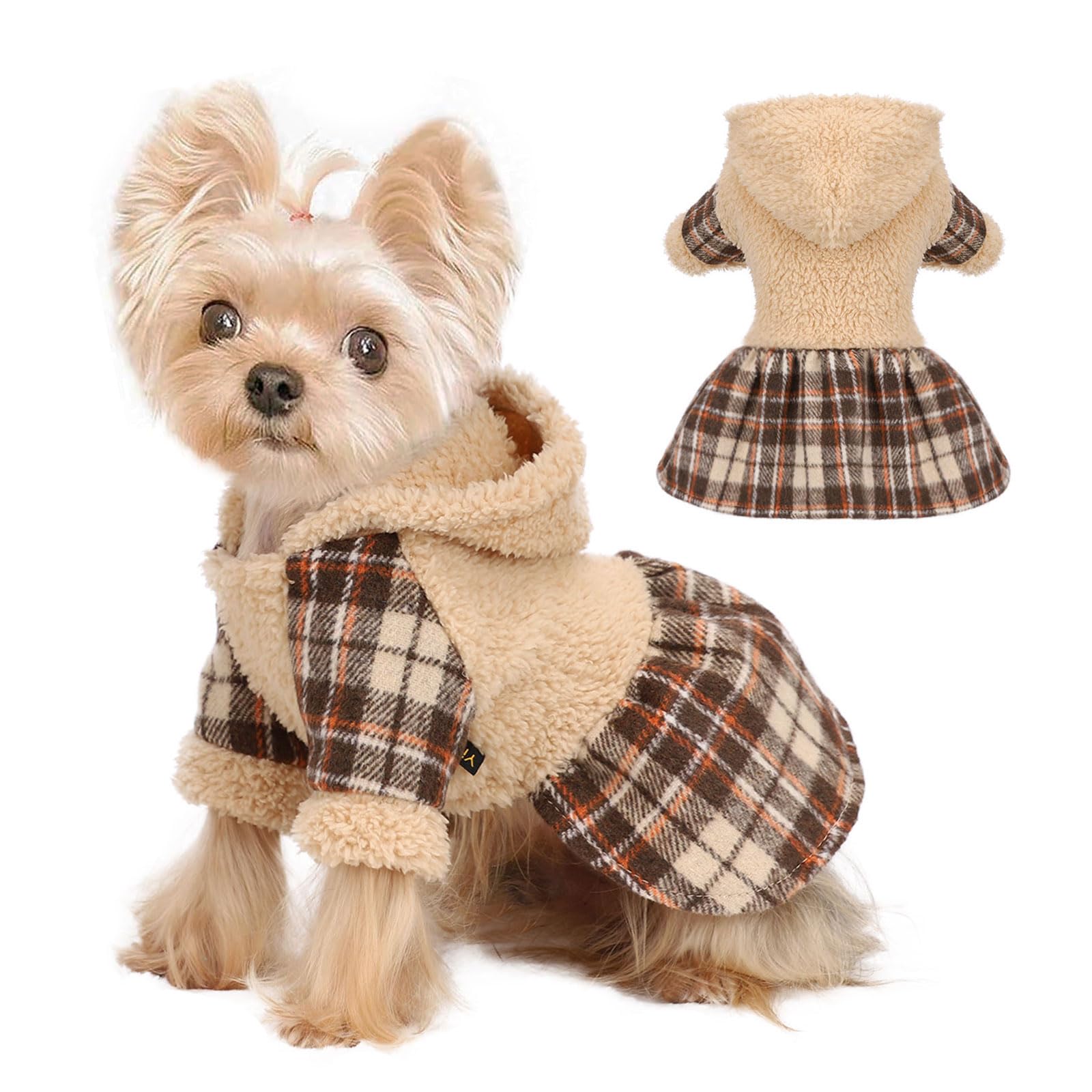 Shifenmei dog hoodie plaid warm fleece to keep small dogs cozy on cold walks.