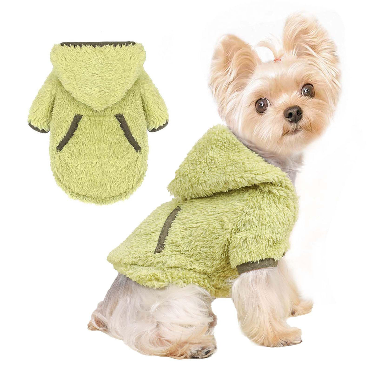Shifenmei dog sweater in green hoodie keeps small dogs warm during chilly days.
