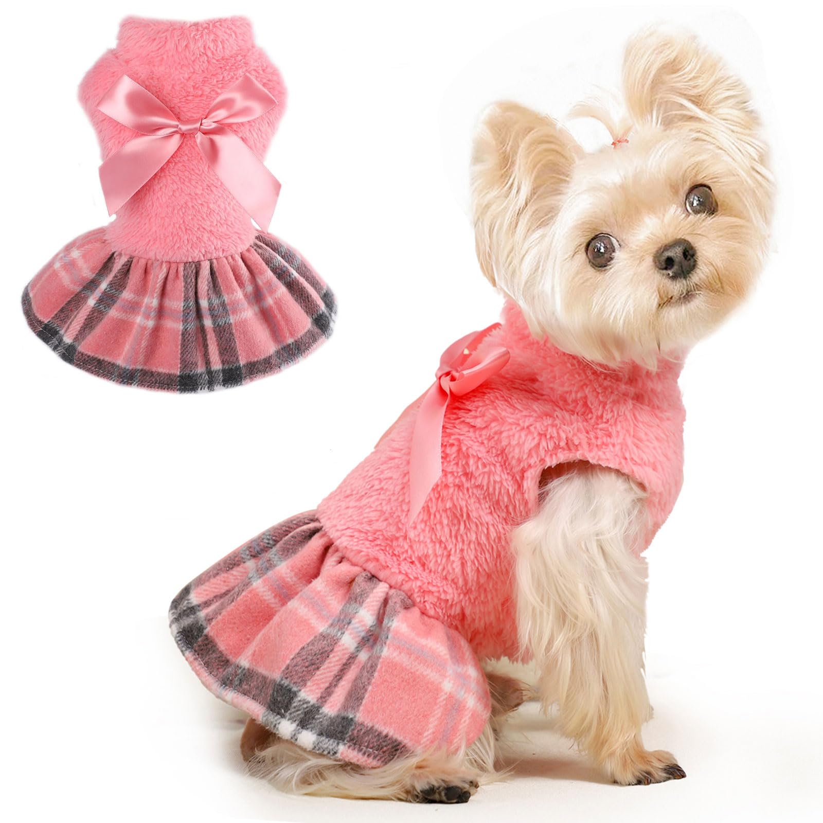 Shifenmei dog sweater in pink plaid keeps small dogs warm and stylish on cold days.