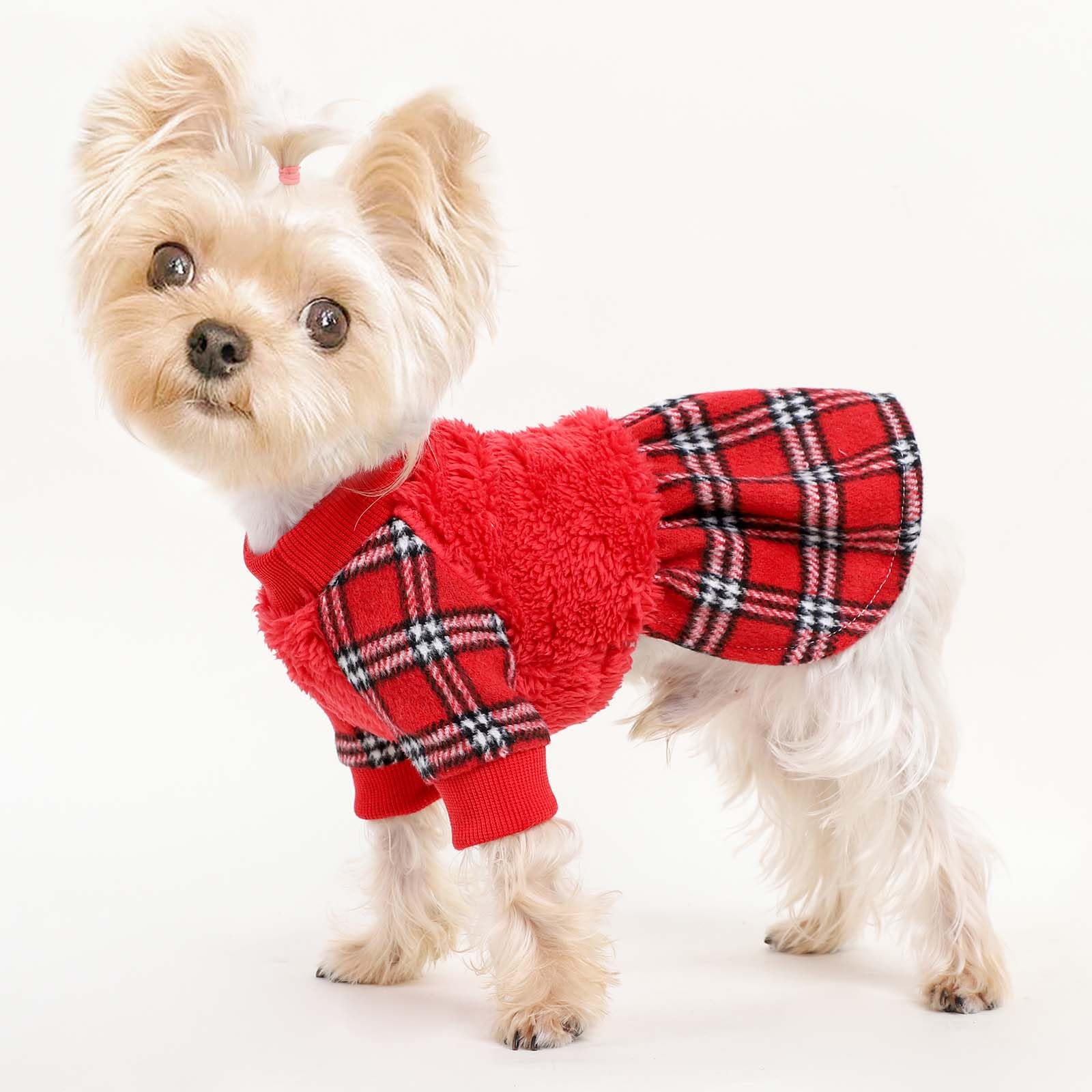Shifenmei dog sweater red XS close fabric emphasizes soft fleece comfort.
