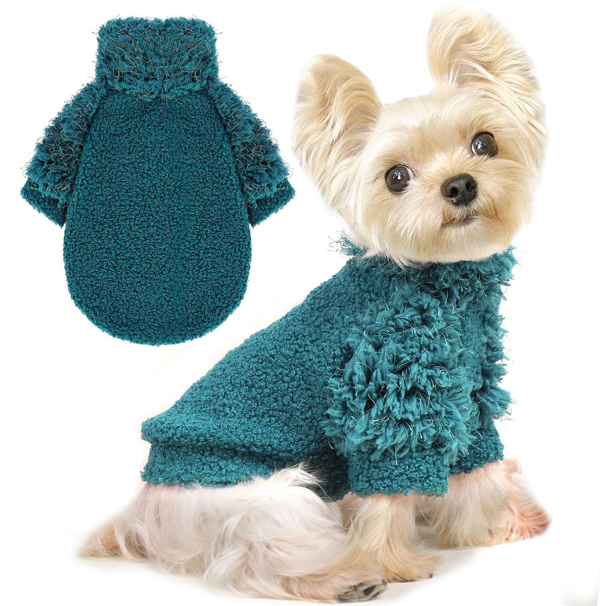 Shifenmei small dog sweater in green front view shows cozy warmth for winter walks.