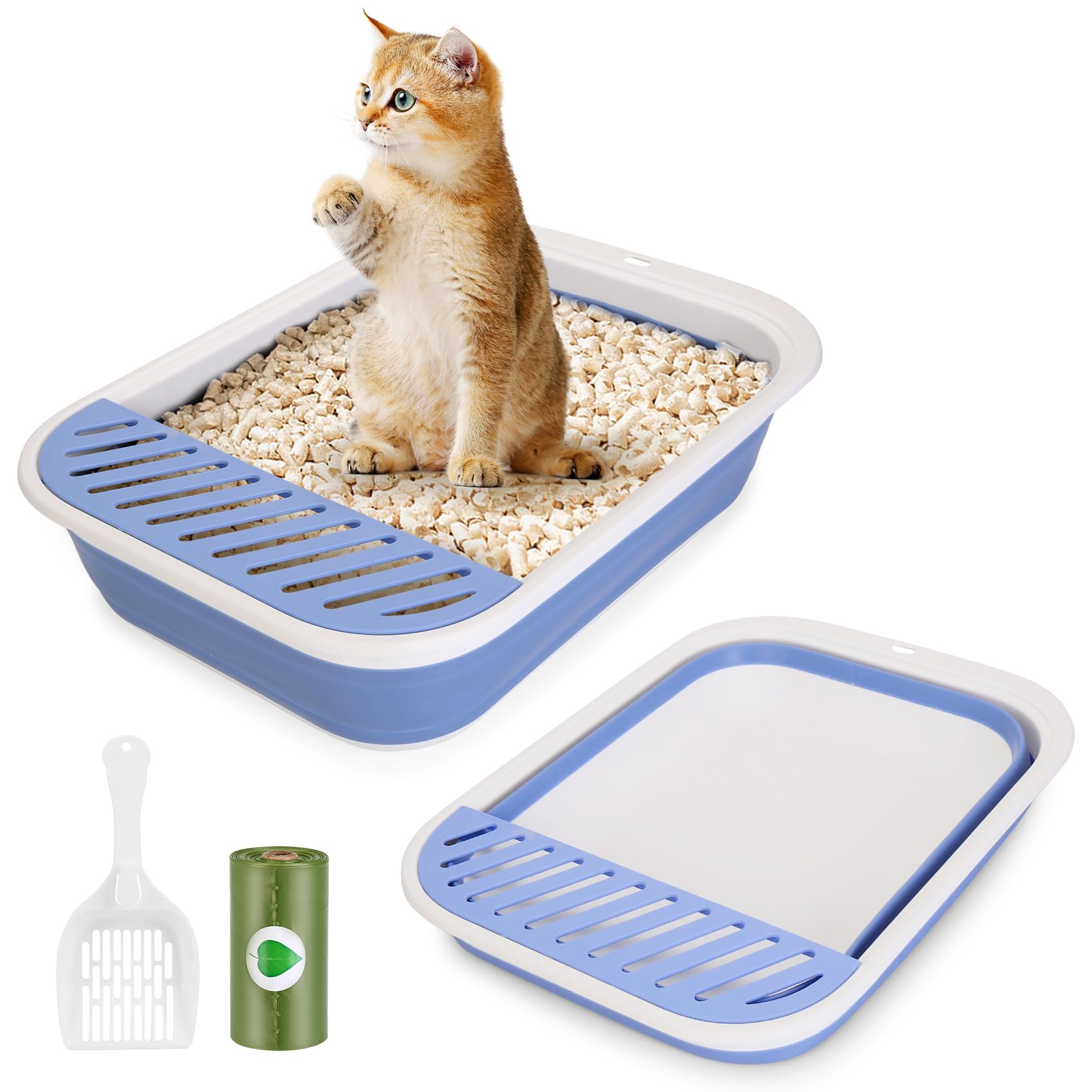 ShineMe collapsible kitten litter box with open-top blue for easy access and monitoring.