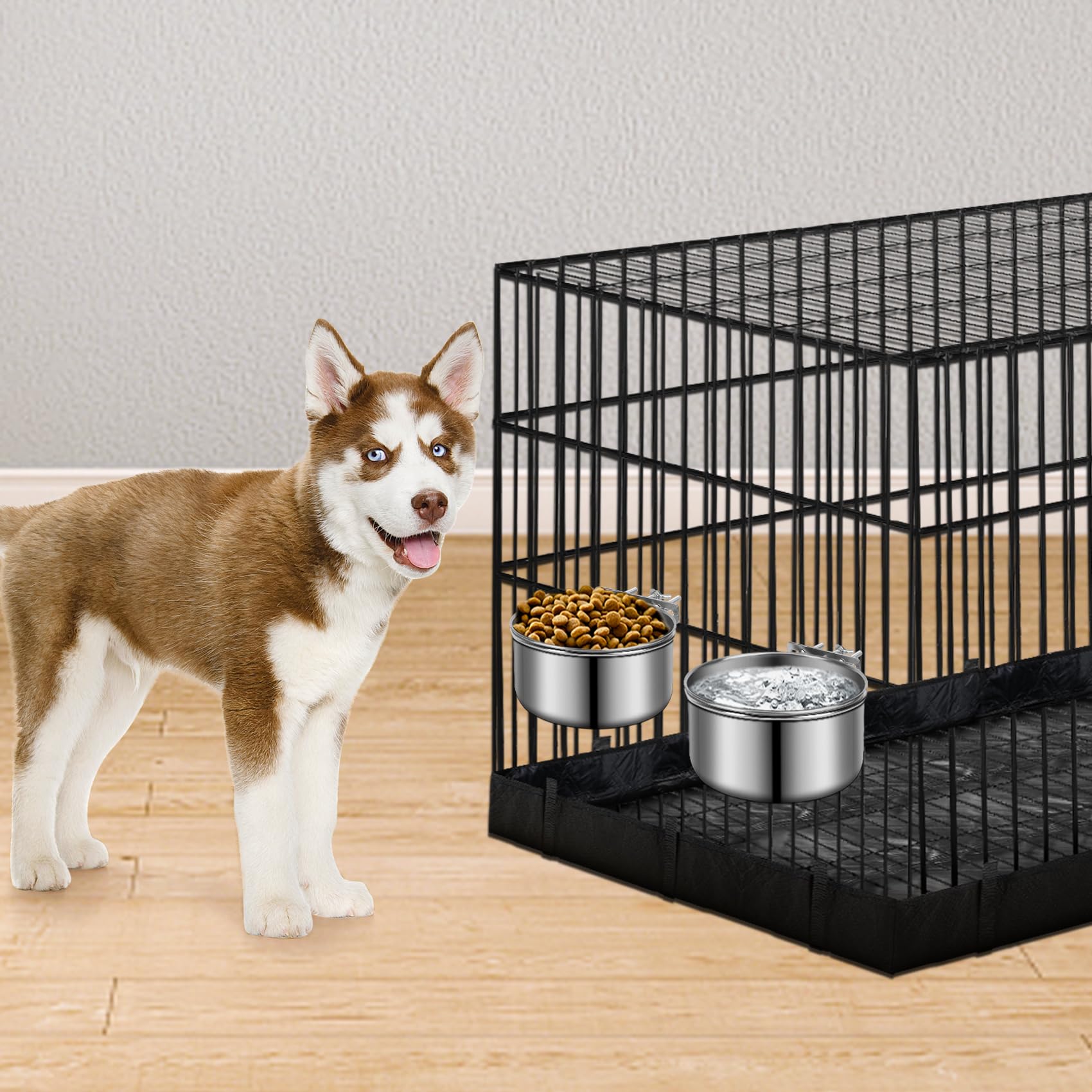 ShineMe stainless-steel dog crate bowl two-pack provides food and water options