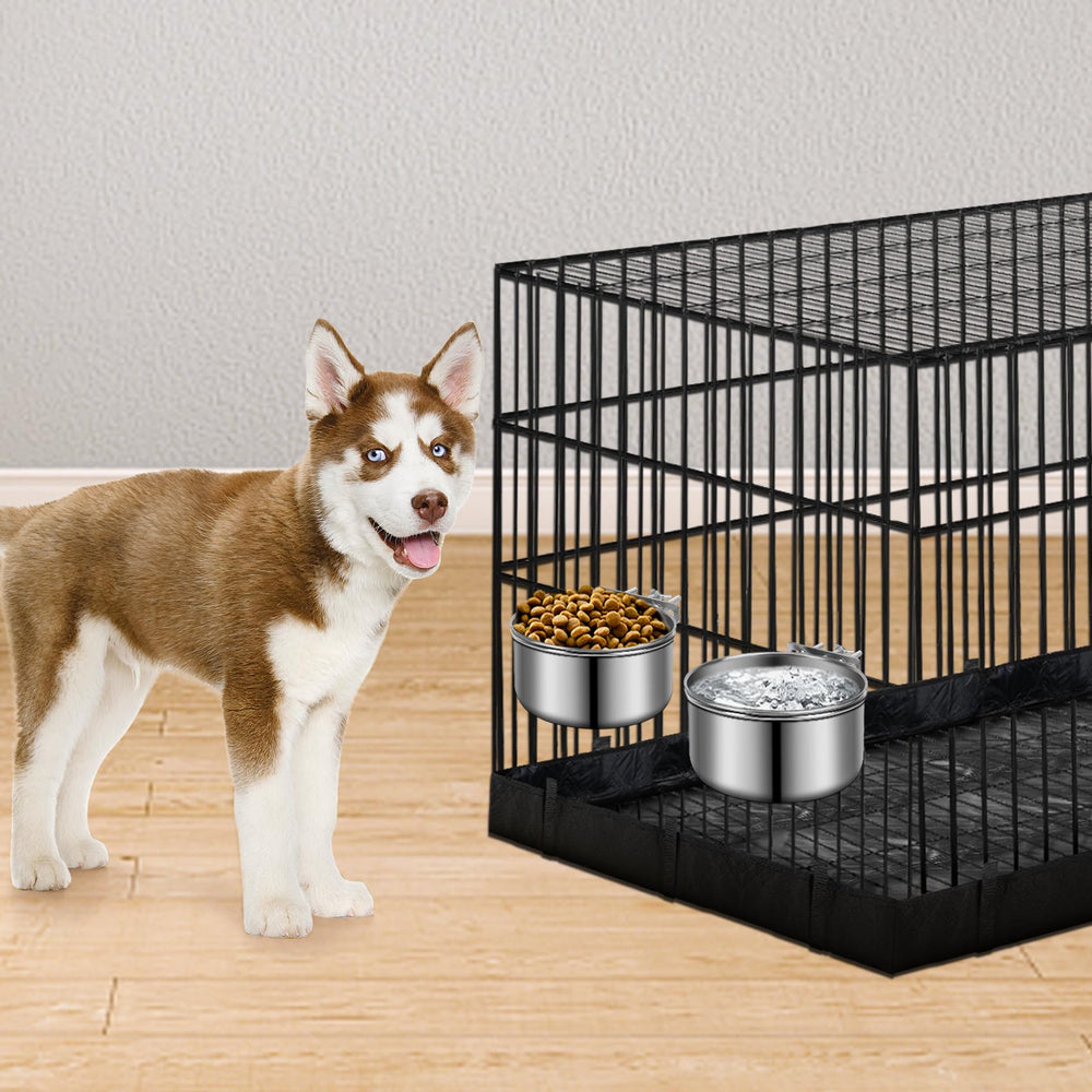 ShineMe stainless-steel dog crate bowl two-pack provides food and water options