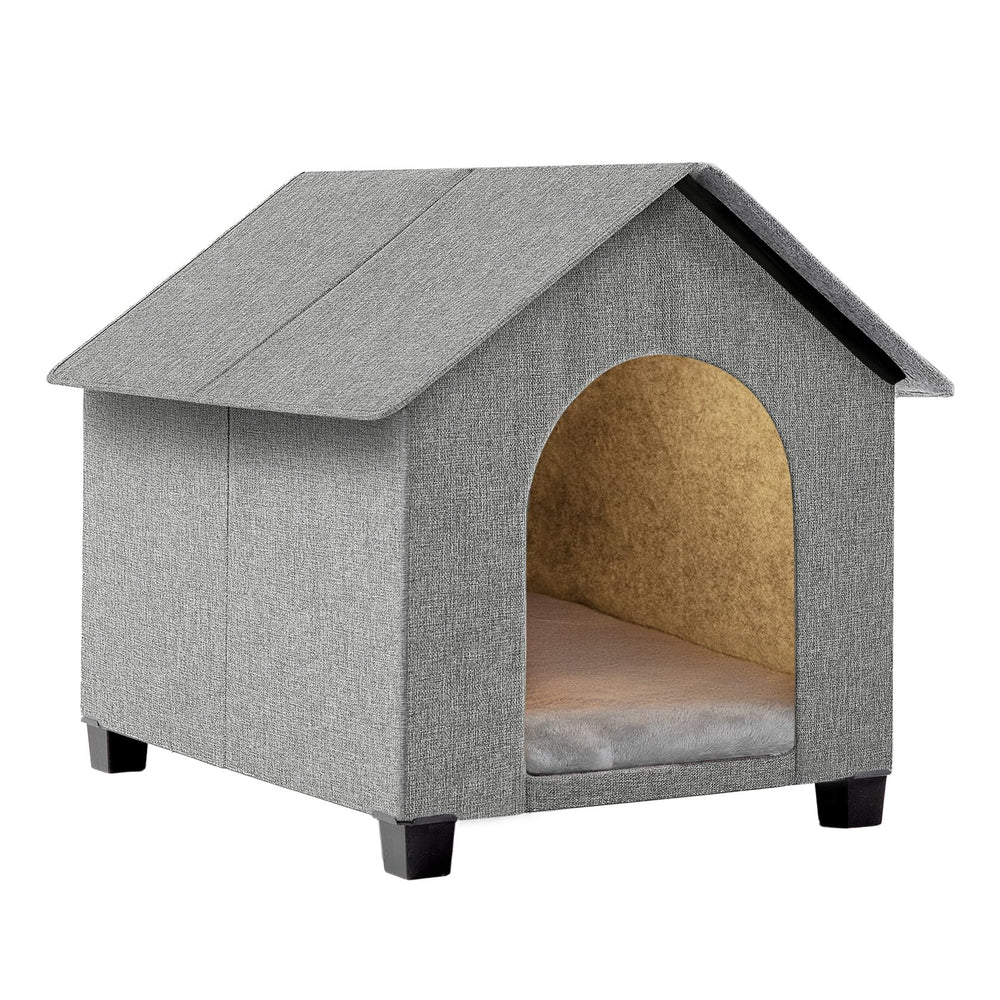 SHINEBBYS indoor dog house front view highlighting elevated legs for airflow and moisture control.
