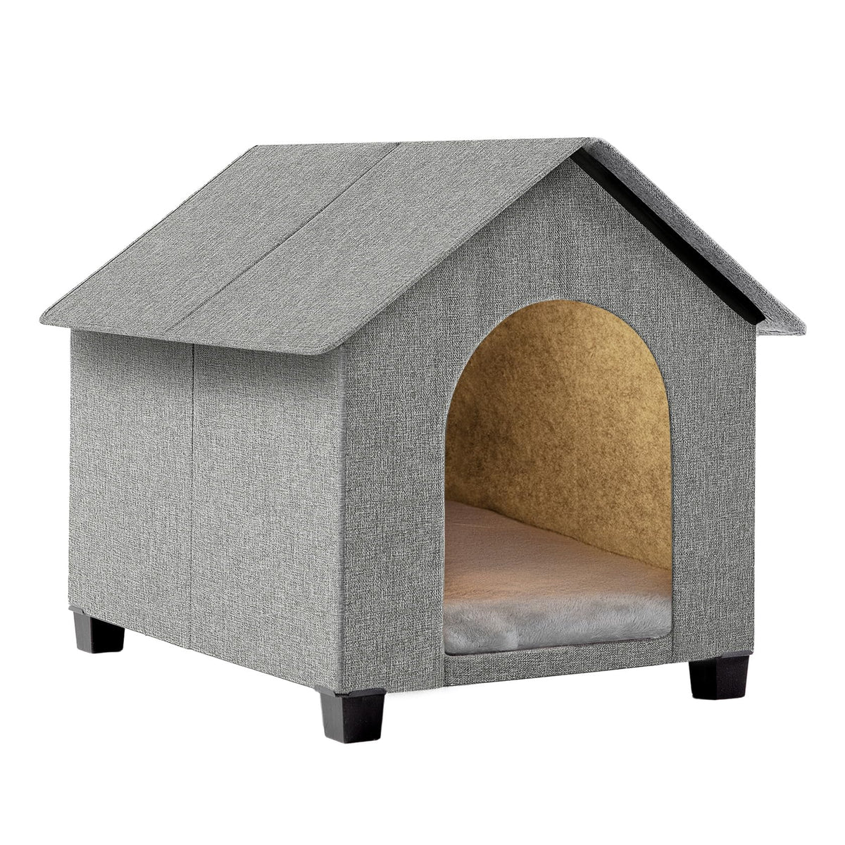 SHINEBBYS indoor dog house front view highlighting elevated legs for airflow and moisture control.