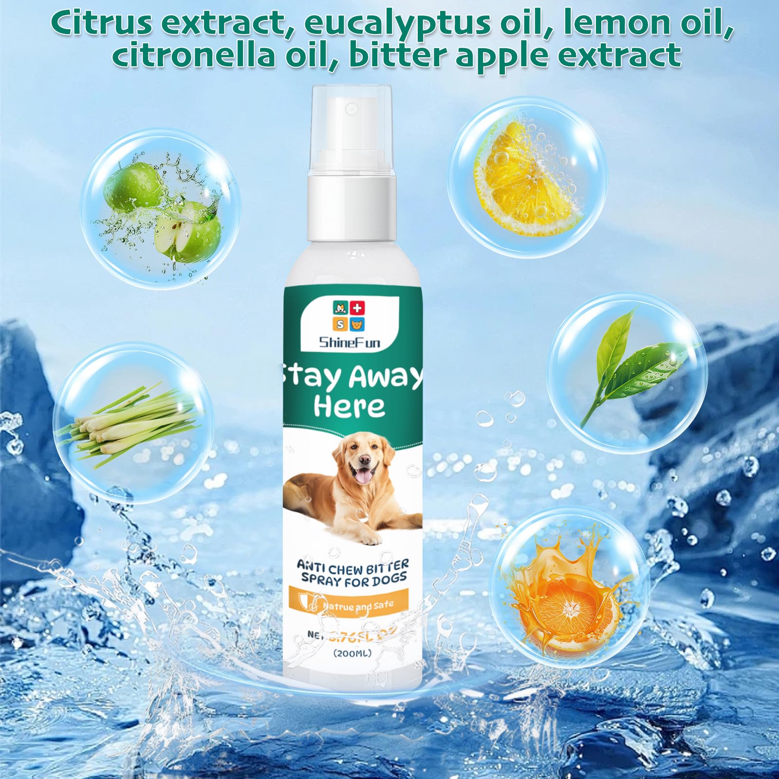 ShineFun No Chew spray ingredients closeup highlighting natural formula
