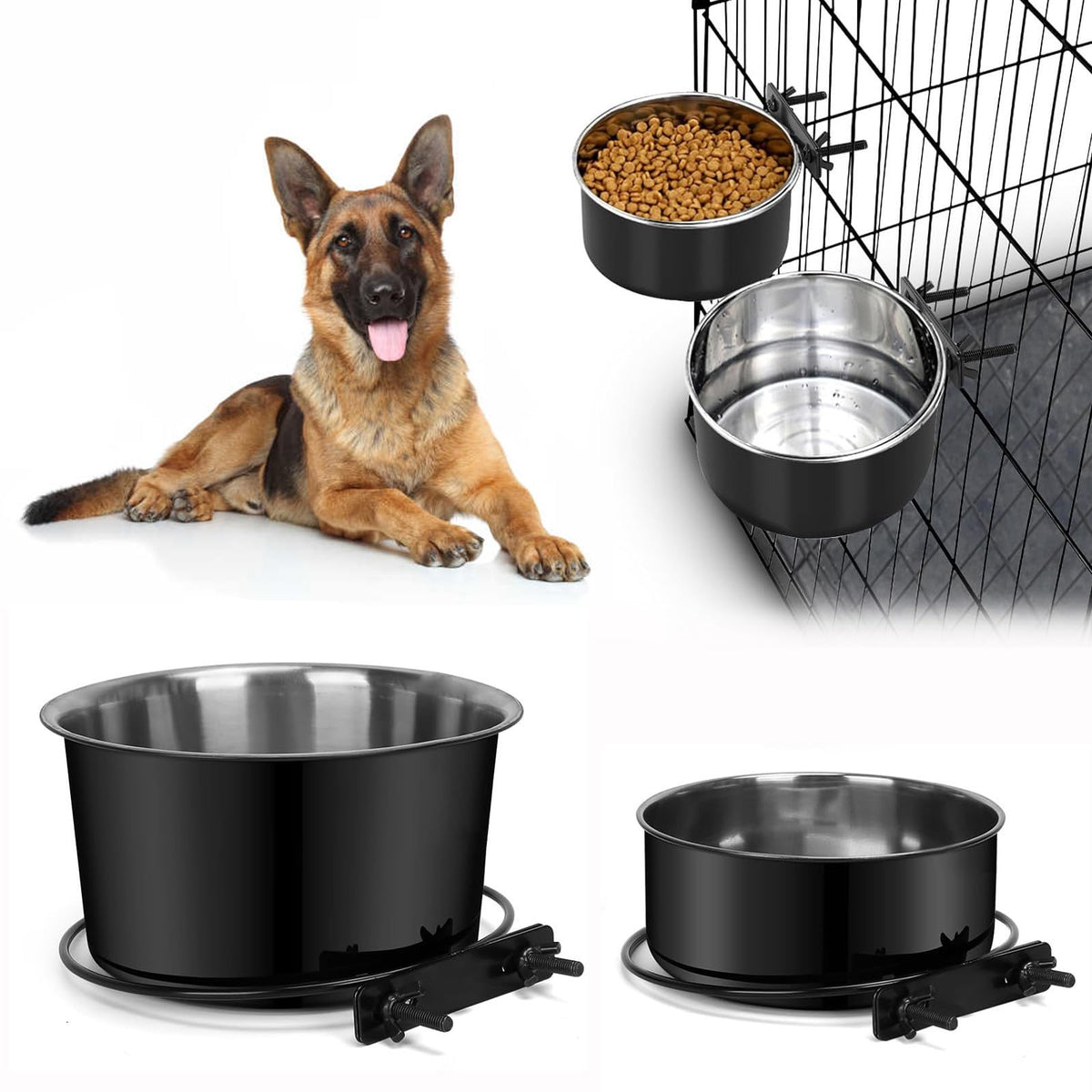 ShineMe attachable crate bowls set for easy feeding in a mess-free crate.