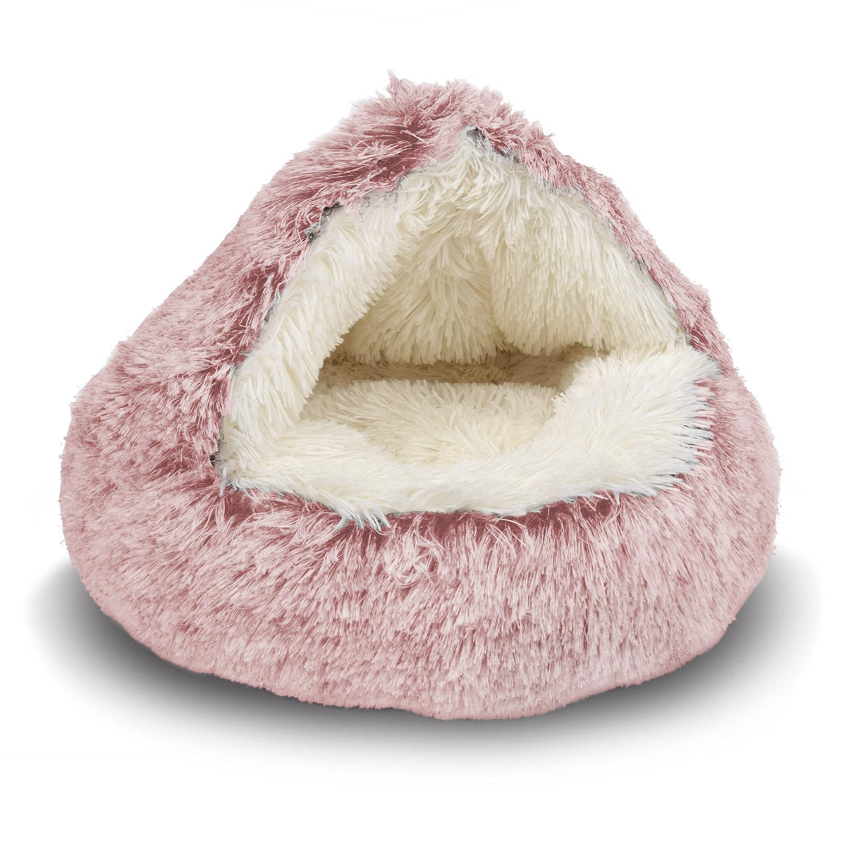 ShinHye Cozy Cat Bed round plush hooded cave in pink offers secure, cozy retreat for pets.