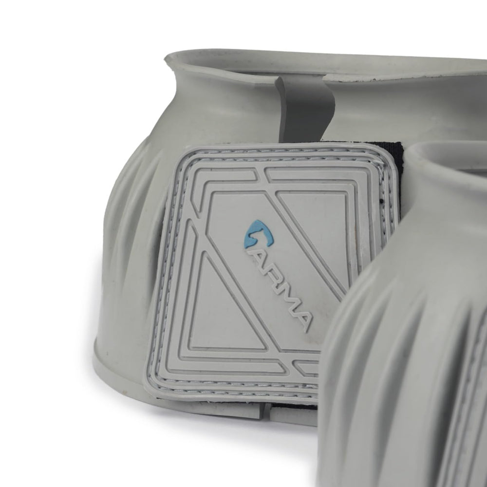 Shires ARMA over reach bell boot grey XX-Full fastening close-up highlights rubber-covered closures
