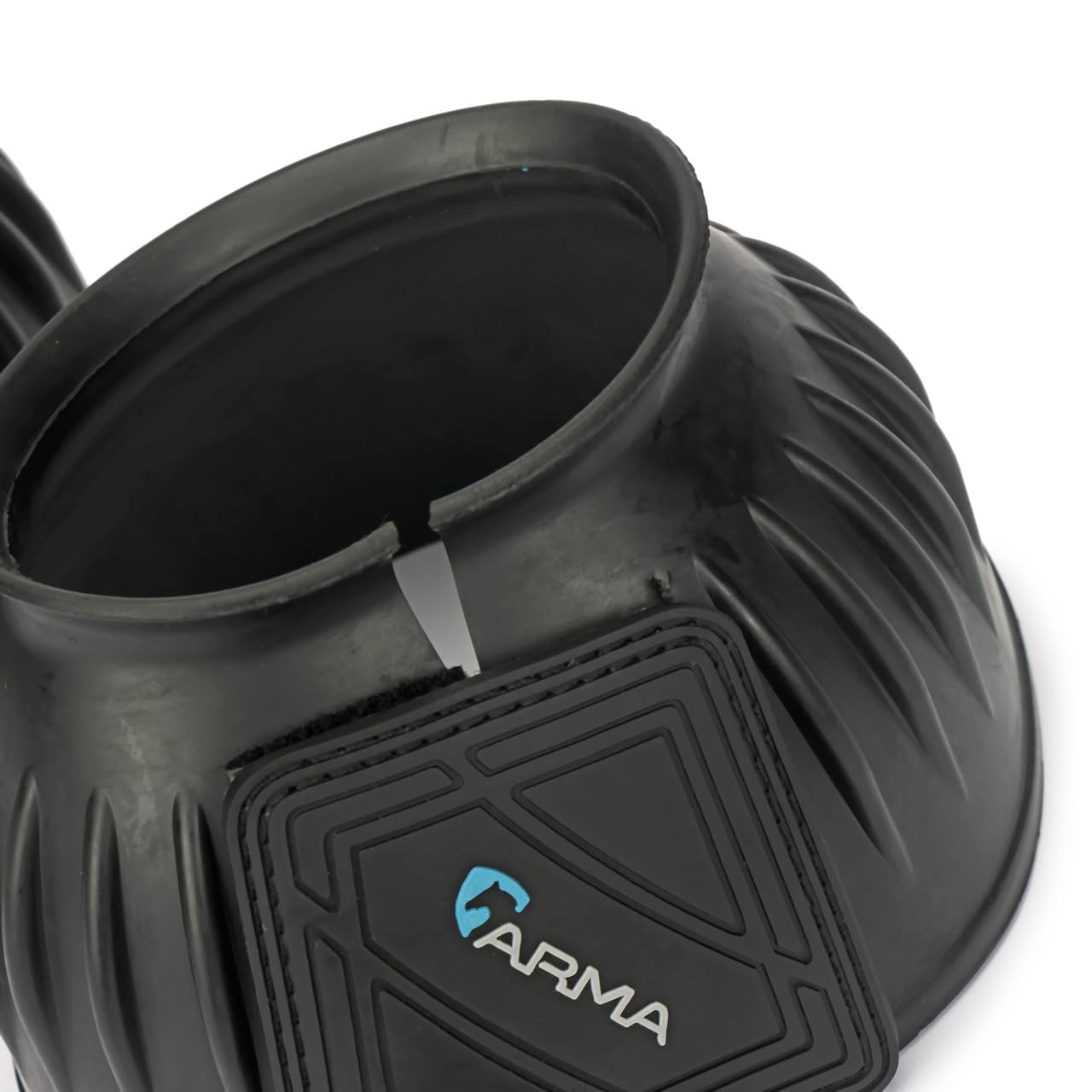 Shires Arma Overreach Bell Boot close-up reveals rubber touch-fastening for secure closure.