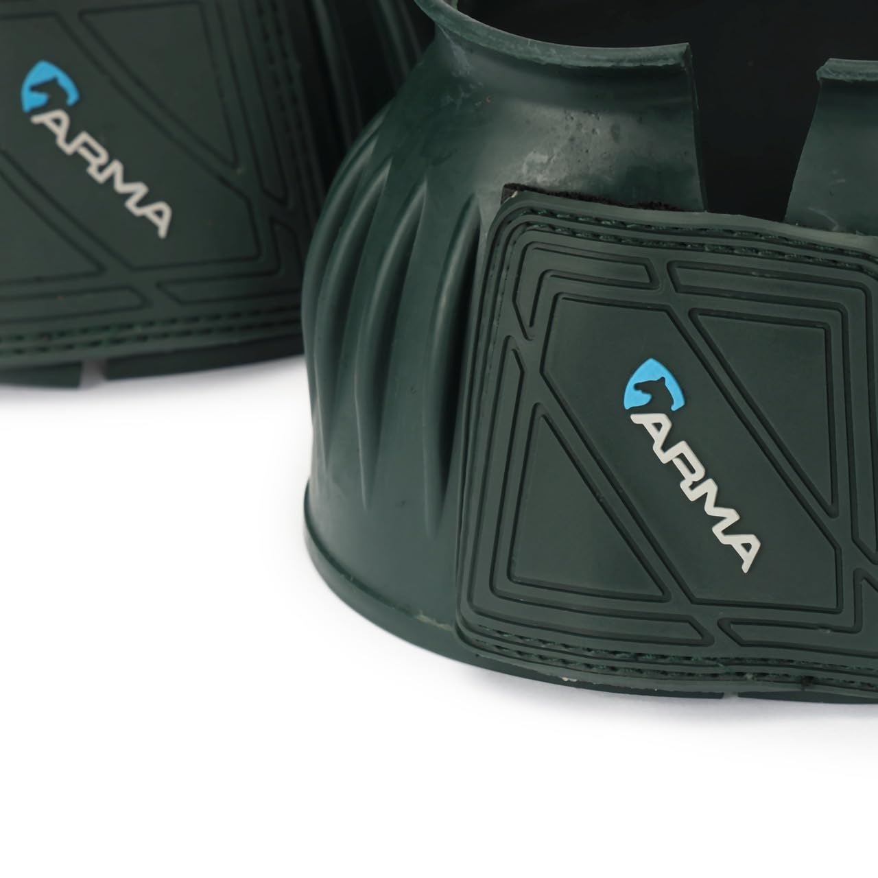Shires Arma Overreach Bell Boots close-up highlights secure touch-close fastening for quick fitting.