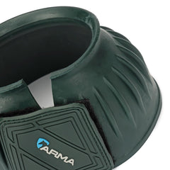 Shires Arma Overreach Bell Boots in green emphasize flexible rubber protection during training.
