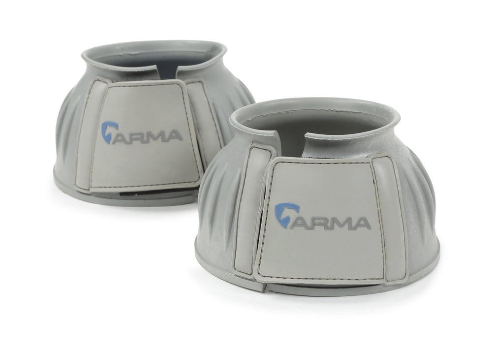 Shires Arma Overreach Full Grey Bell Boots close-up strap offers secure velcro fastening.