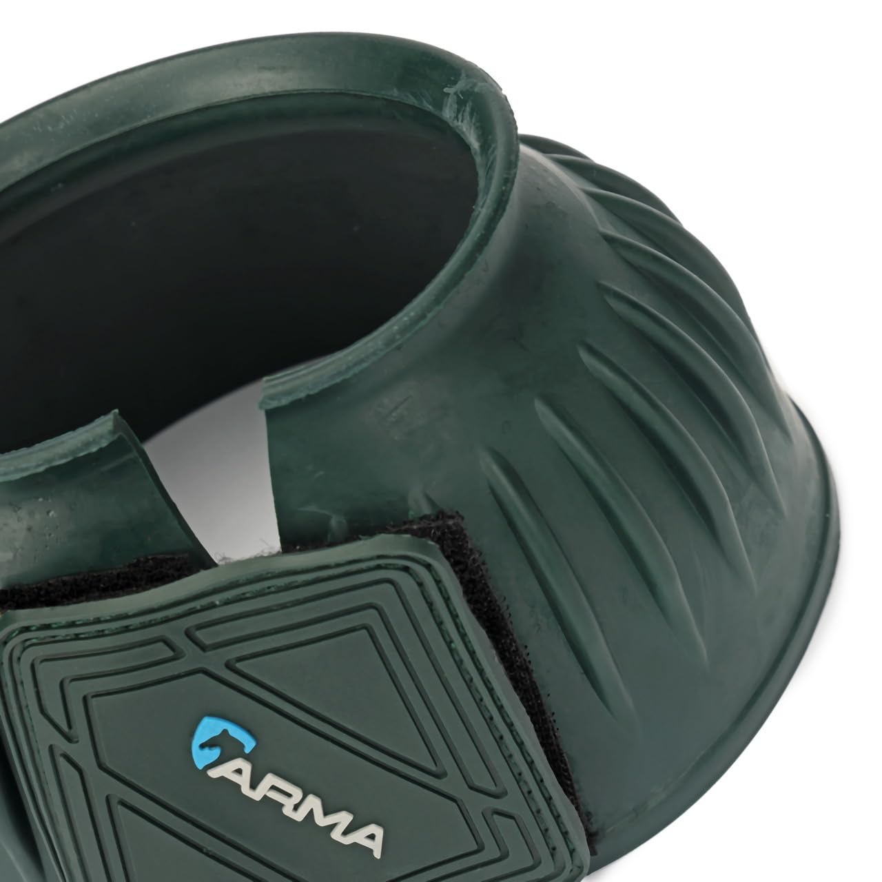 Shires Arma Overreach bell boots on hoof with protective impact during trail rides.