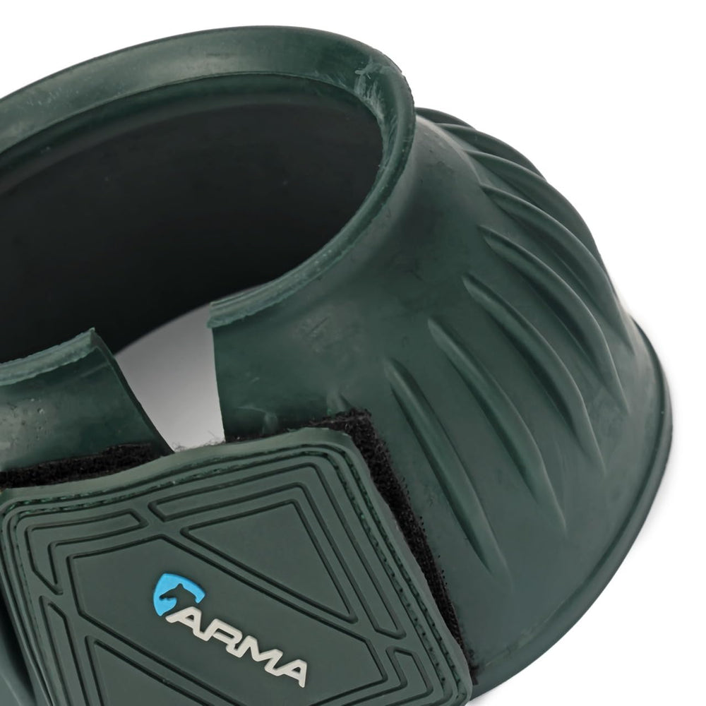 Shires Arma Overreach bell boots on hoof with protective impact during trail rides.