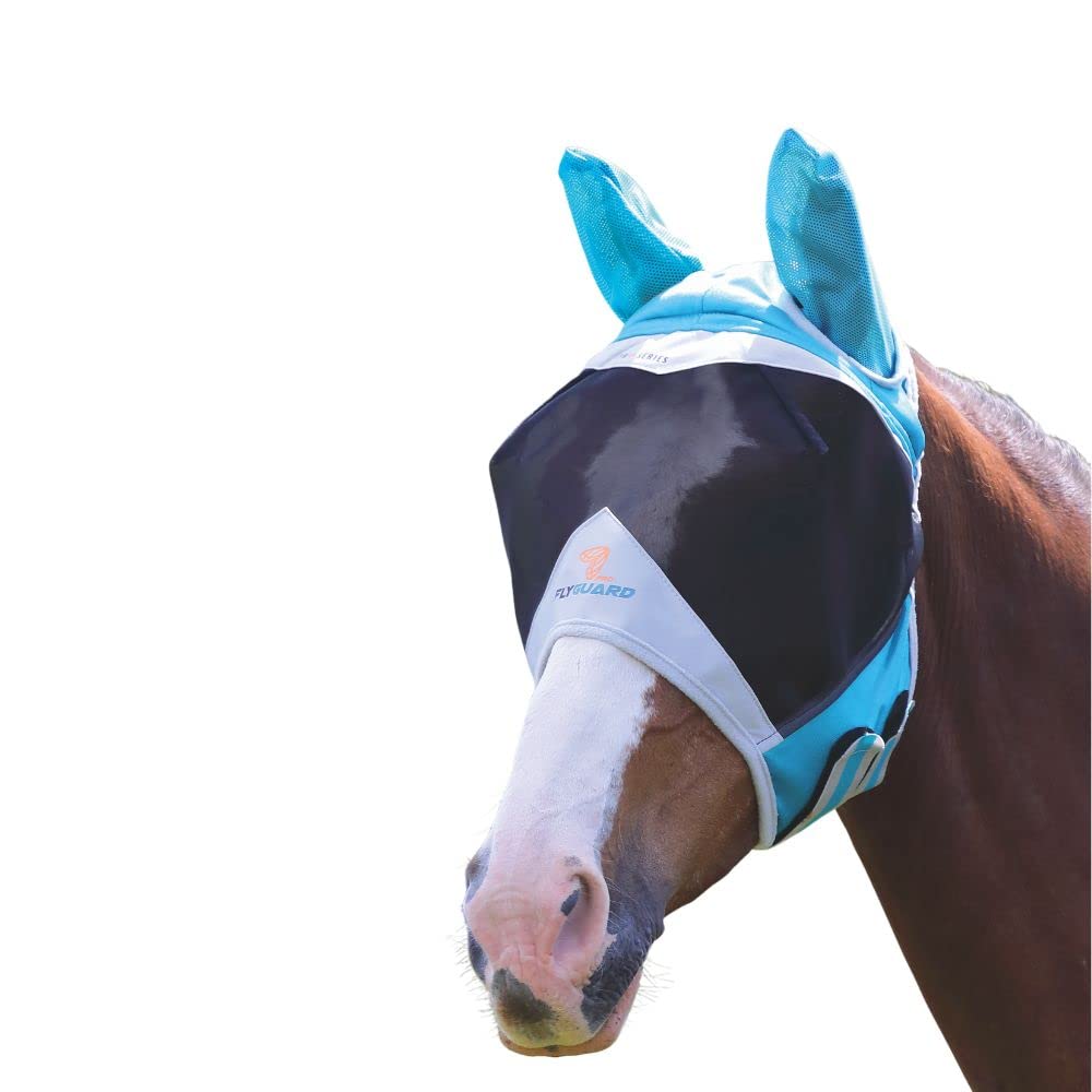 Shires fly mask with ears in teal provides breathable mesh and UV protection for small ponies.