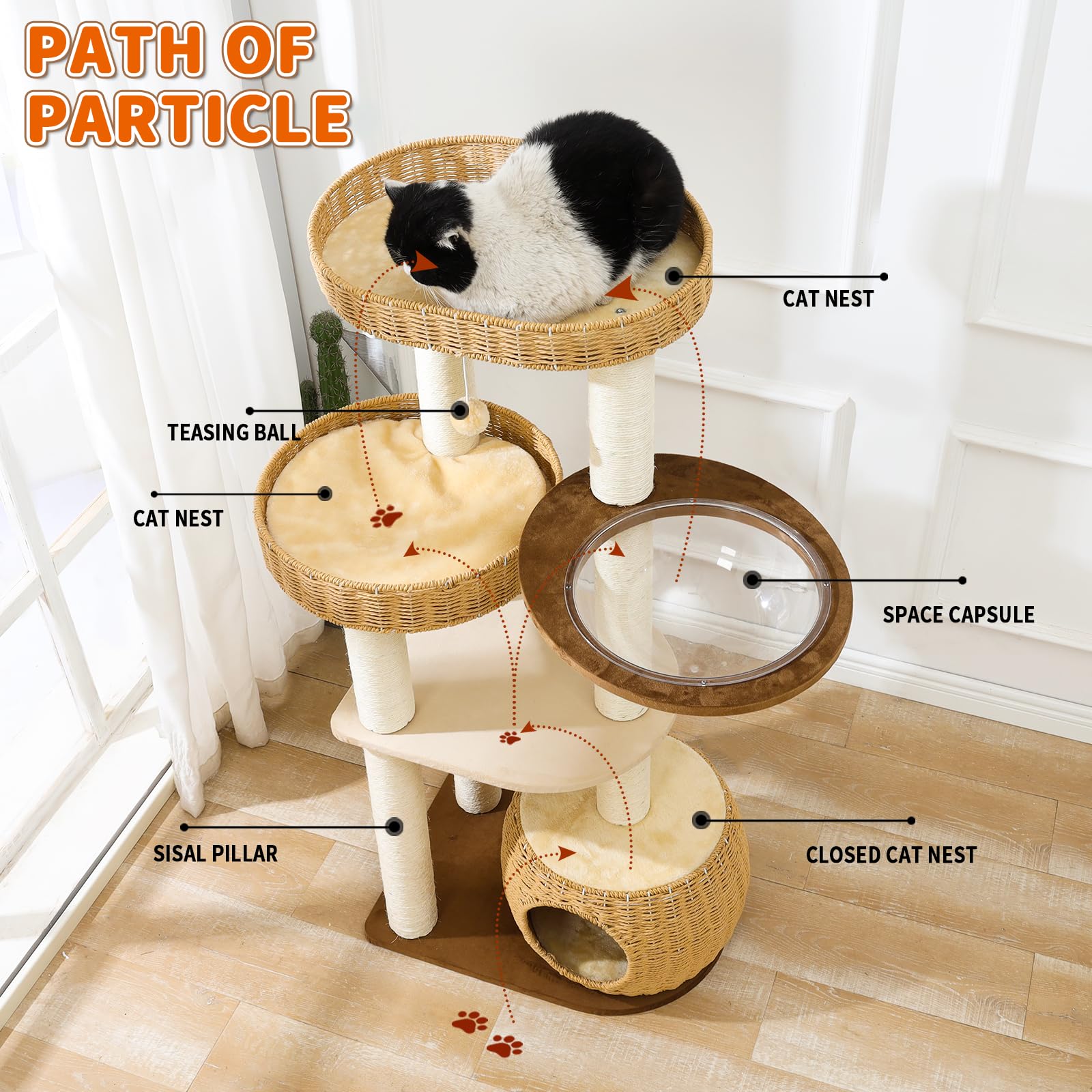 SHODMI Big Cat Tree handwoven baskets provide cozy nests for peaceful naps