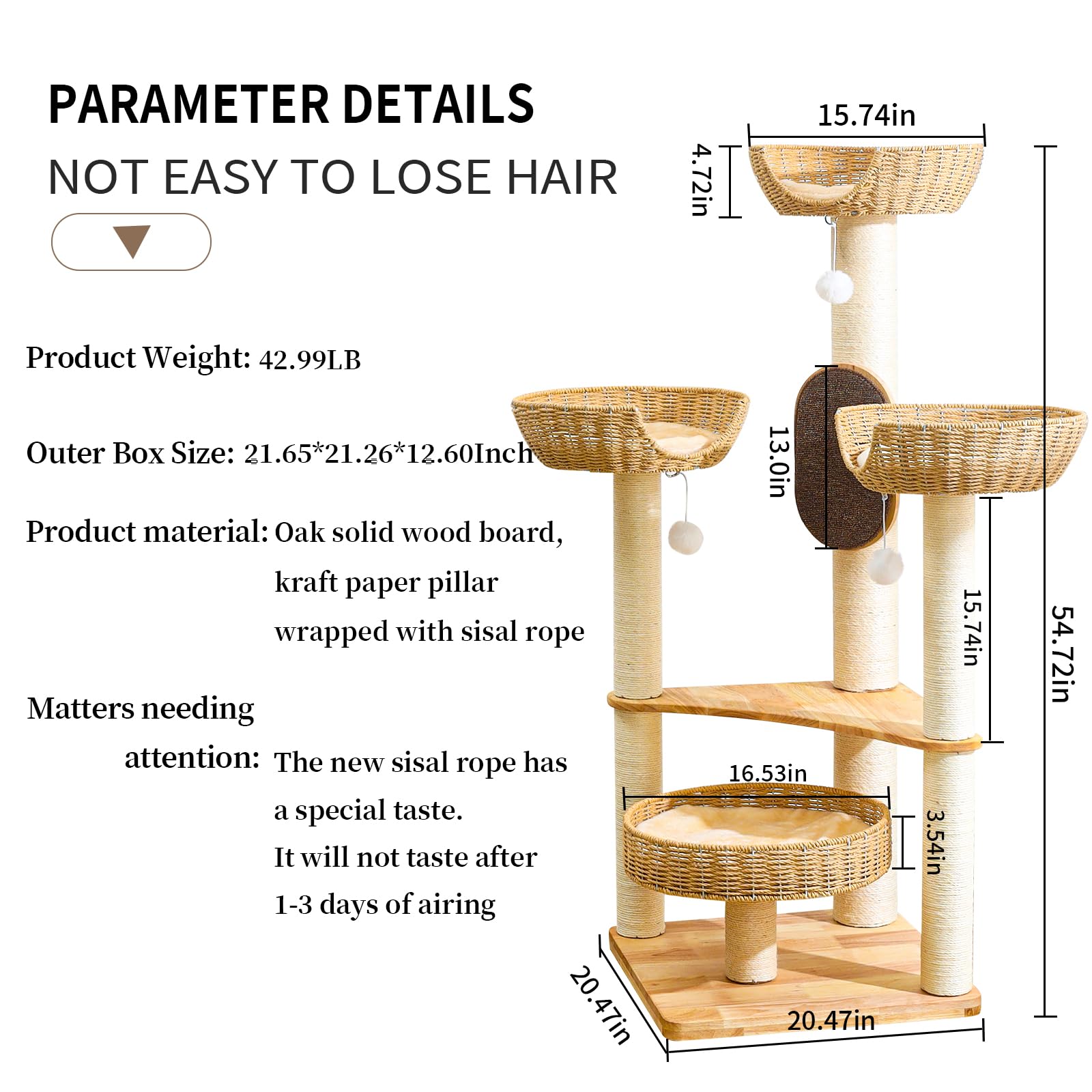 SHODMI Cat Tree Wood handwoven condos and scratch zones protect furniture.