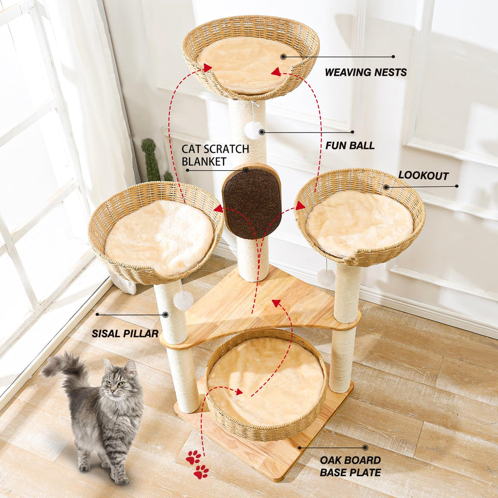SHODMI Cat Tree Wood with sisal pillars and weighted base for stable active-cat play.