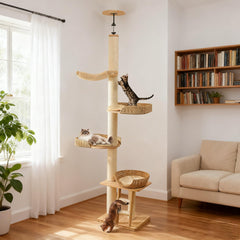 SHODMI floor-to-ceiling cat tree in corner fits tight spaces for active cats
