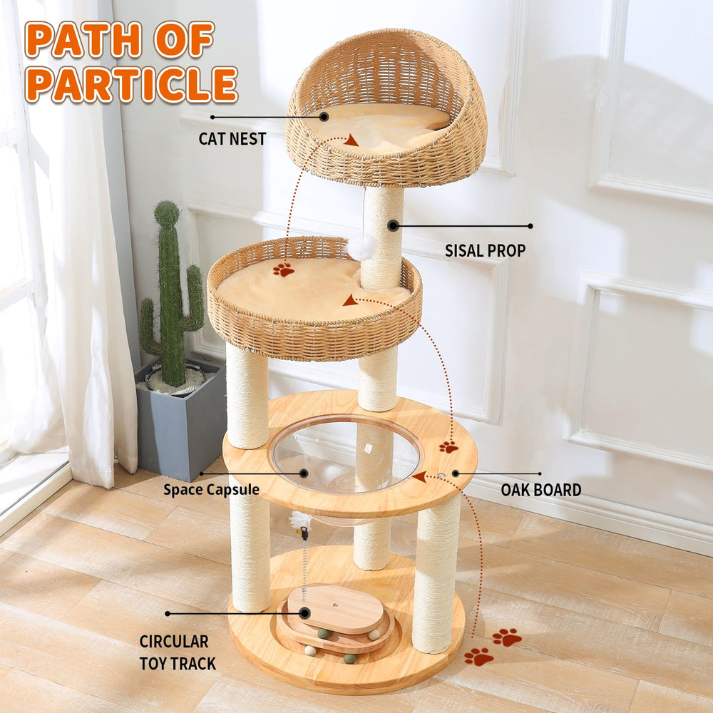 SHODMI Large Cat Tree rattan platform supports comfortable lounging and exploration.