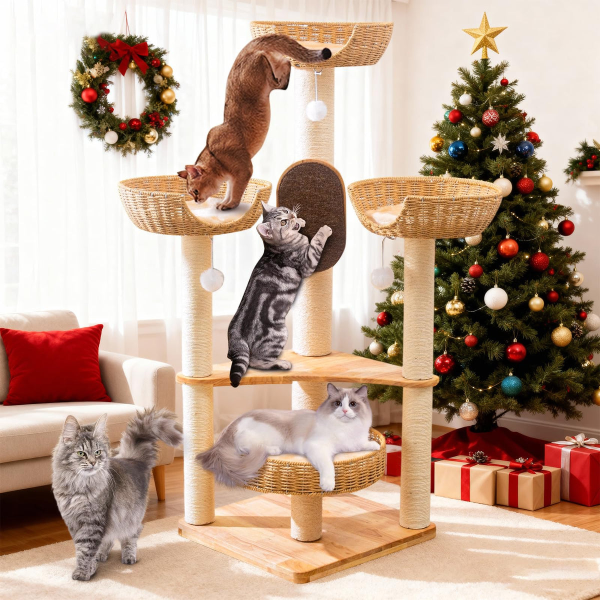 SHODMI Large Cat Tree Wood overview with multi-level perches for multi-cat entertainment.